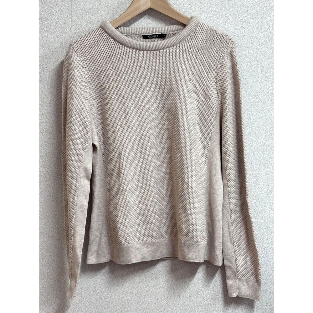 NIC+ZOE Pink Pearl Waffle Knit Cotton Blend Sweater NWT L Soft Textured Crewneck